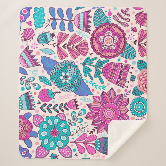 Botanic doodle flowers, seamless, vintage texture. sherpa blanket (Front)