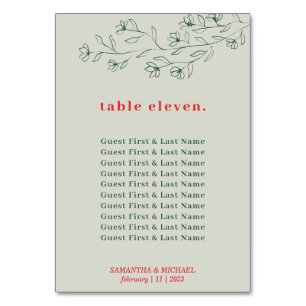 Botanic Floral Green Red Boho guest names seating Table Number