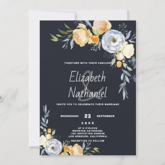 Botanic floral orange grey white country wedding invitation