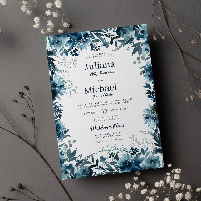 Botanic indigo watercolor floral frame Wedding  Invitation (Botanic indigo watercolor floral frame Wedding Invitation)