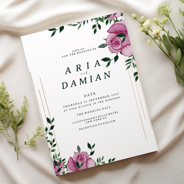 Botanic lilac green gold rose floral Wedding Invitation (Botanic lilac green gold rose floral Wedding)