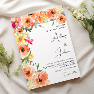 Botanic orange yellow pink summer floral Wedding Invitation