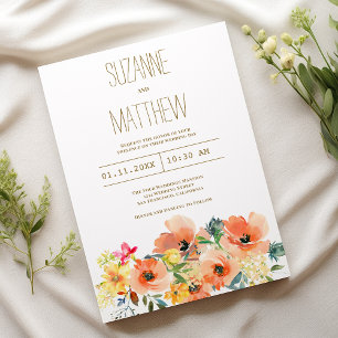 Botanic orange yellow pink summer floral Wedding Invitation