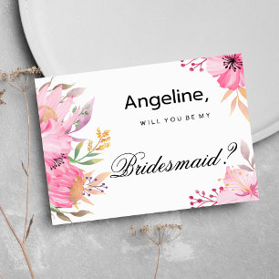 Botanic pink orange watercolor flowers Bridesmaid Invitation