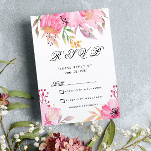 Botanic pink orange watercolor flowers RSVP Invitation