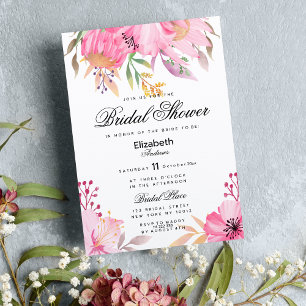 Botanic pink watercolor flowers Bridal Shower Invitation