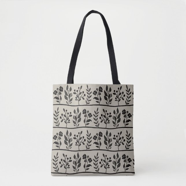 Botanic Rhapsody Black Floral Silhouette Botanical Tote Bag (Front)