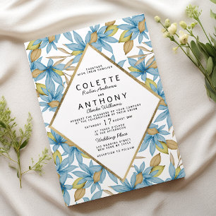 Botanic watercolor brown blue floral wedding  invitation