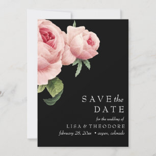 Botanica Black Vintage pink rose SAVE THE DATE Invitation
