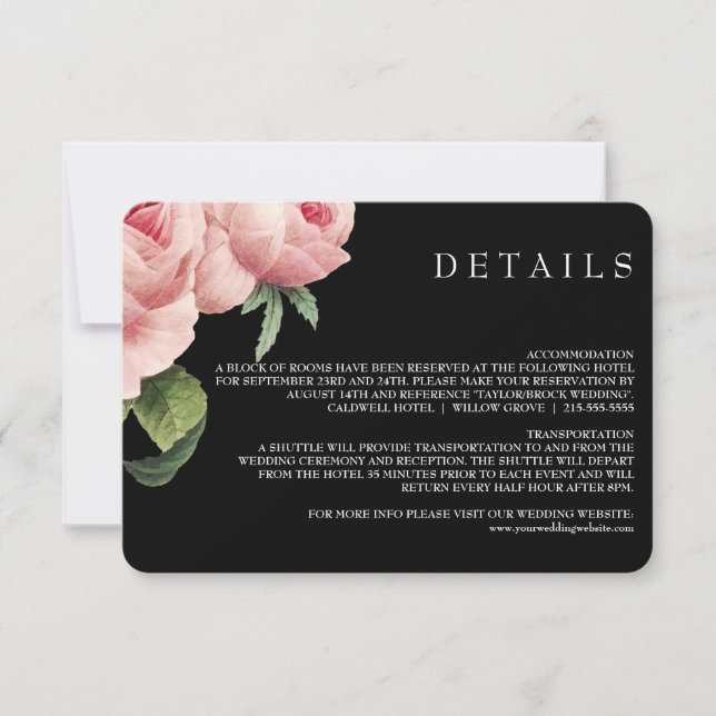 Botanica | Pink Black Vintage Wedding details Invitation (Front)