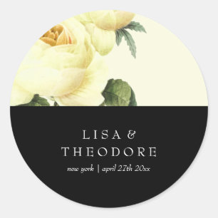 Botanica   Yellow and Black Vintage Flower Wedding Classic Round Sticker