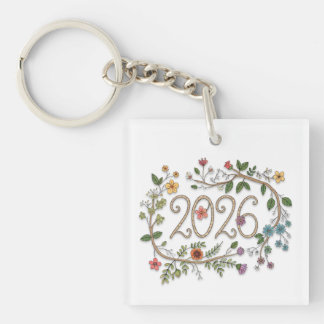 Botanical 2026 Typography with Flowering Vines Keychain