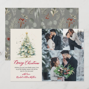Botanical 3 Couple Photo Christmas Tree Holiday Card