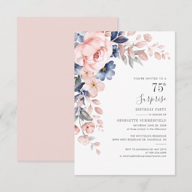 Botanical 75th Birthday Pink Floral Invite (Front/Back)