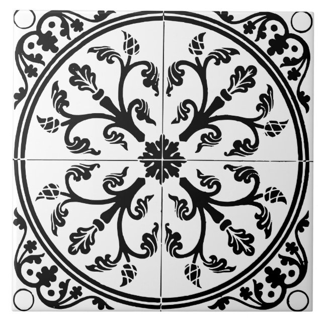 Botanical Abstract Circle Vintage Black and White Tile (Front)