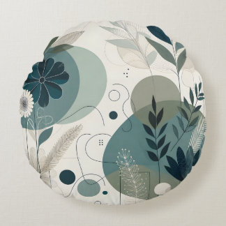 Botanical Abstract Teal And Neutral Shades Round Pillow