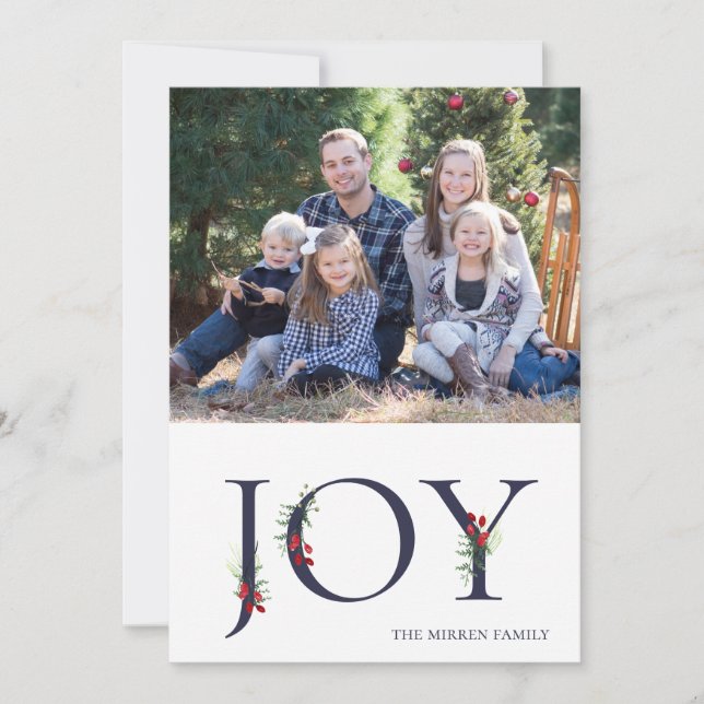 Botanical Adorned Joy Flat Holiday Photo Card (Front)