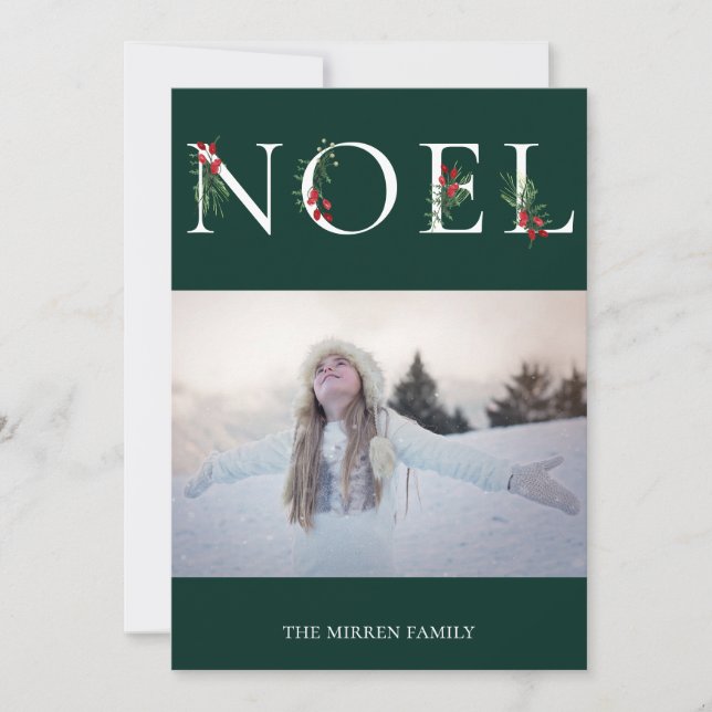 Botanical Adorned NOEL Flat Holiday Photo Card (Front)