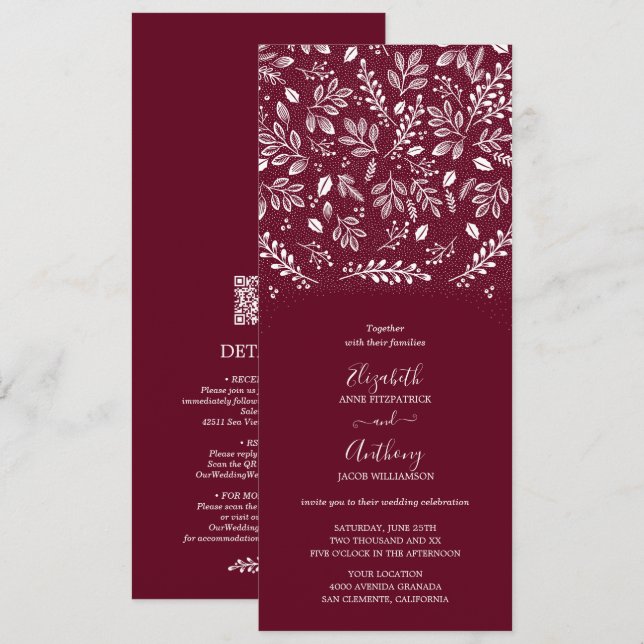 Botanical All In One Burgundy Wedding Invitation (Front/Back)
