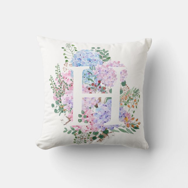 Botanical alphabet h hydrangea flowers   throw pillow (Front)