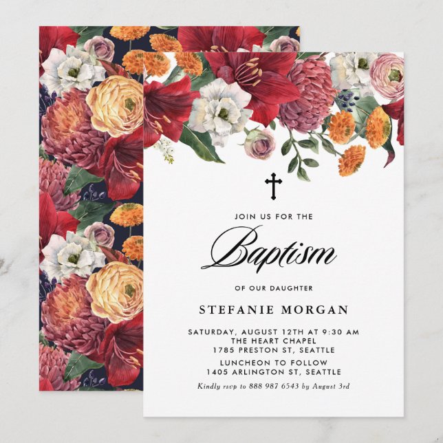 Botanical Amaryllis and Chrysanthemum Baptism Invitation (Front/Back)