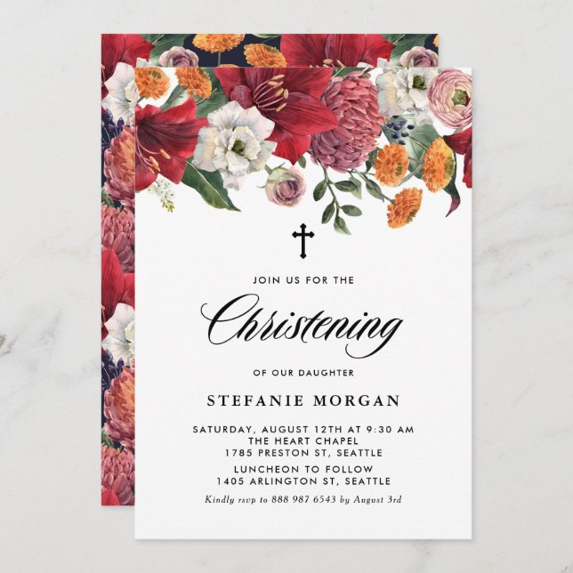 Botanical Amaryllis and Mums Floral Christening Invitation (Front/Back)