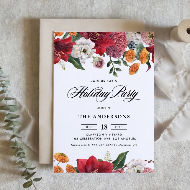 Botanical Amaryllis and Mums Holiday Party Invitation (Creator Uploaded)