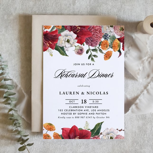 Botanical Amaryllis and Mums Rehearsal Dinner Invitation (Creator Uploaded)