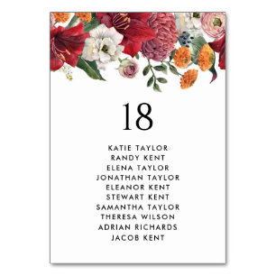 Botanical Amaryllis and Mums Wedding Table Seating Table Number