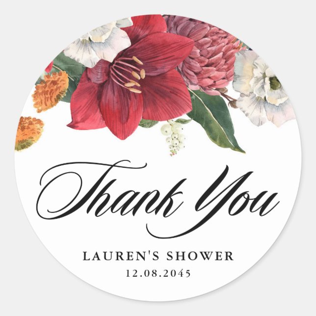 Botanical Amaryllis Bridal Shower Thank You Classic Round Sticker (Front)