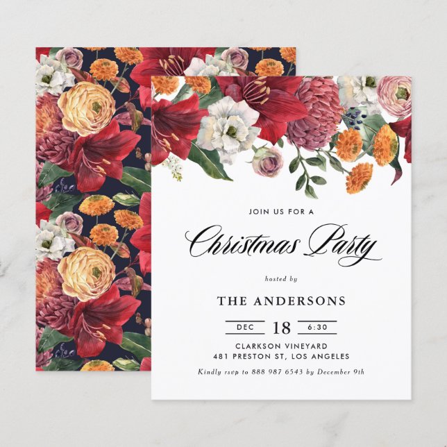 Botanical Amaryllis Christmas Party Invitation (Front/Back)