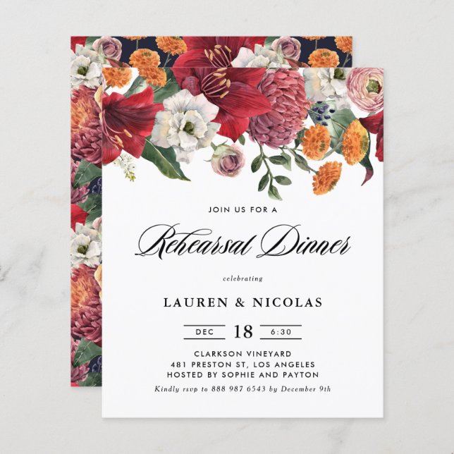 Botanical Amaryllis Rehearsal Dinner Invitation (Front/Back)