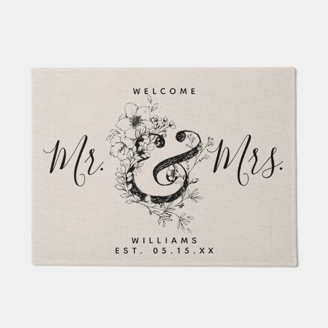 Botanical Ampersand Newlywed Mr. & Mrs. Est. Date Doormat (Front)
