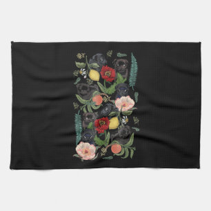 botanical and black pug t-  by huebucket kitchen towel