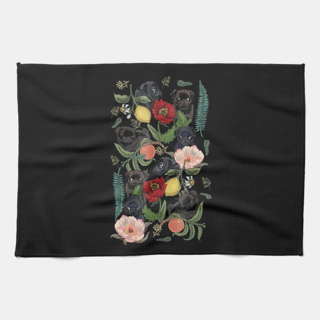 botanical and black pug t-  by huebucket kitchen towel (Horizontal)