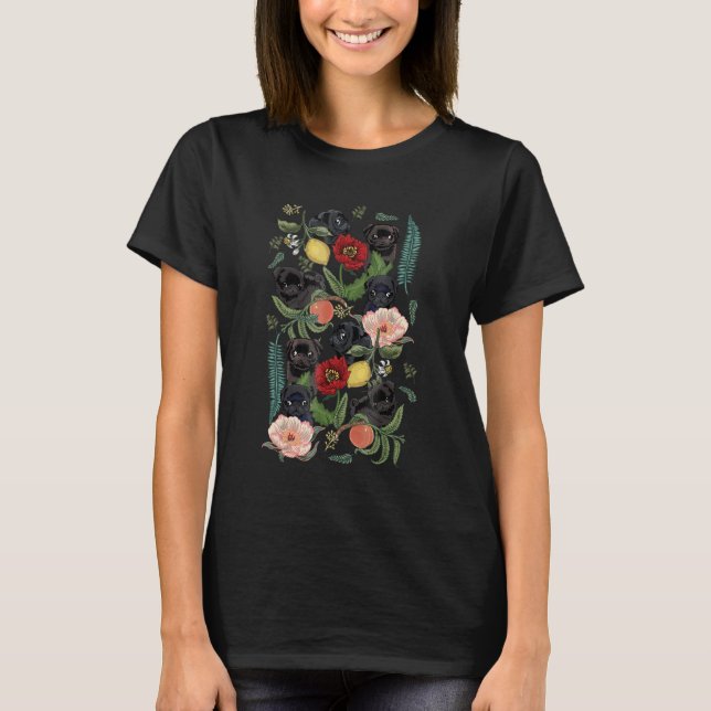 botanical and black pug t-  by huebucket T-Shirt (Front)