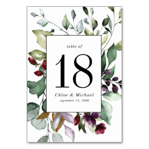 Botanical and Red Watercolor Flowers Personalized Table Number