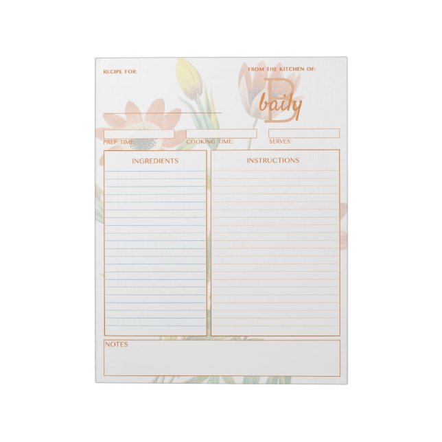 Botanical Anemone Customizable Recipe Notepad (Rotated)