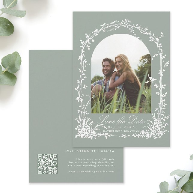 Botanical Arch Garden Sage Green Wedding Photo  Save The Date (Front & Back)