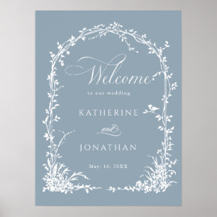Botanical Arch Garden Wedding Dusty Blue Welcome  Poster