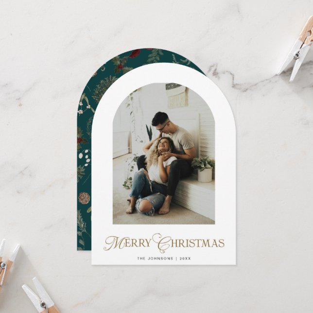 Botanical Arch Photo Green Christmas Holiday Card (Front/Back In Situ)