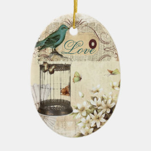 botanical art birdcage modern vintage french bird ceramic ornament