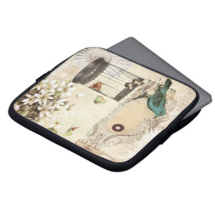 botanical art birdcage modern vintage french bird laptop sleeve