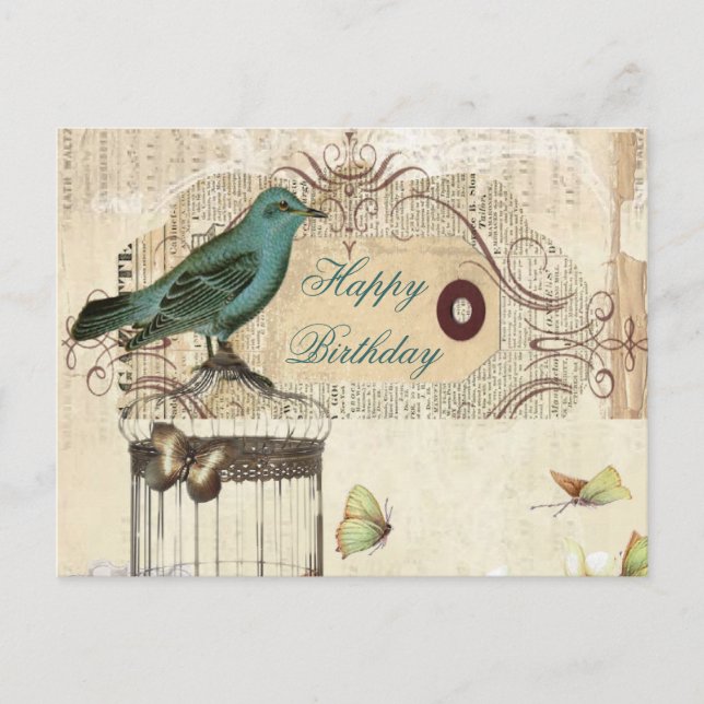 botanical art birdcage modern vintage french bird postcard (Front)