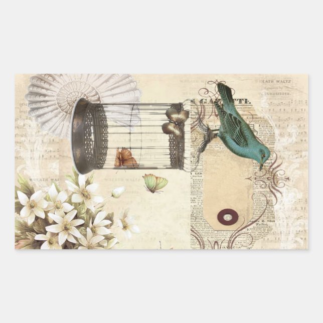 botanical art birdcage modern vintage french bird sticker (Front)