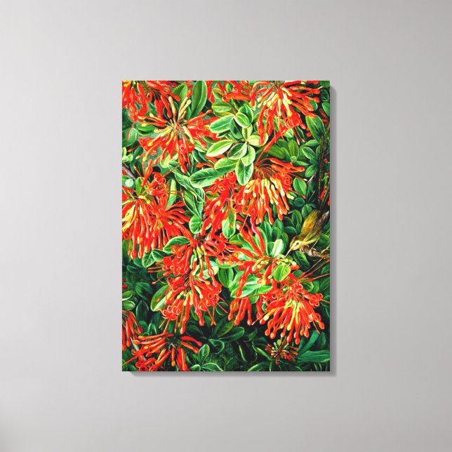 Botanical art: Burning Bush and Emu Wren of Chile Canvas Print (Front)