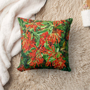 Botanical art: Burning Bush and Emu Wren of Chile Throw Pillow