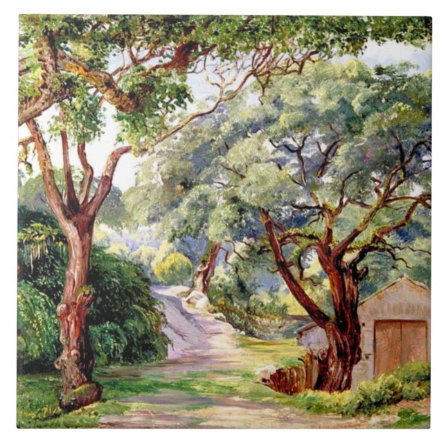 Botanical art: Cork Trees at Cintra near Lisbon Tile (Front)