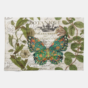botanical art french country script leaf butterfly kitchen towel
