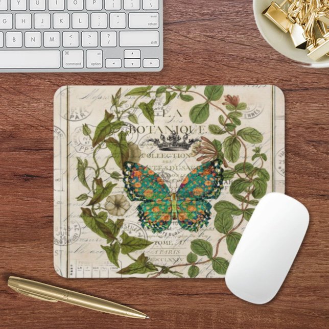 botanical art french country script leaf butterfly mouse pad (botanical art french country script leaf butterfly mouse pad)